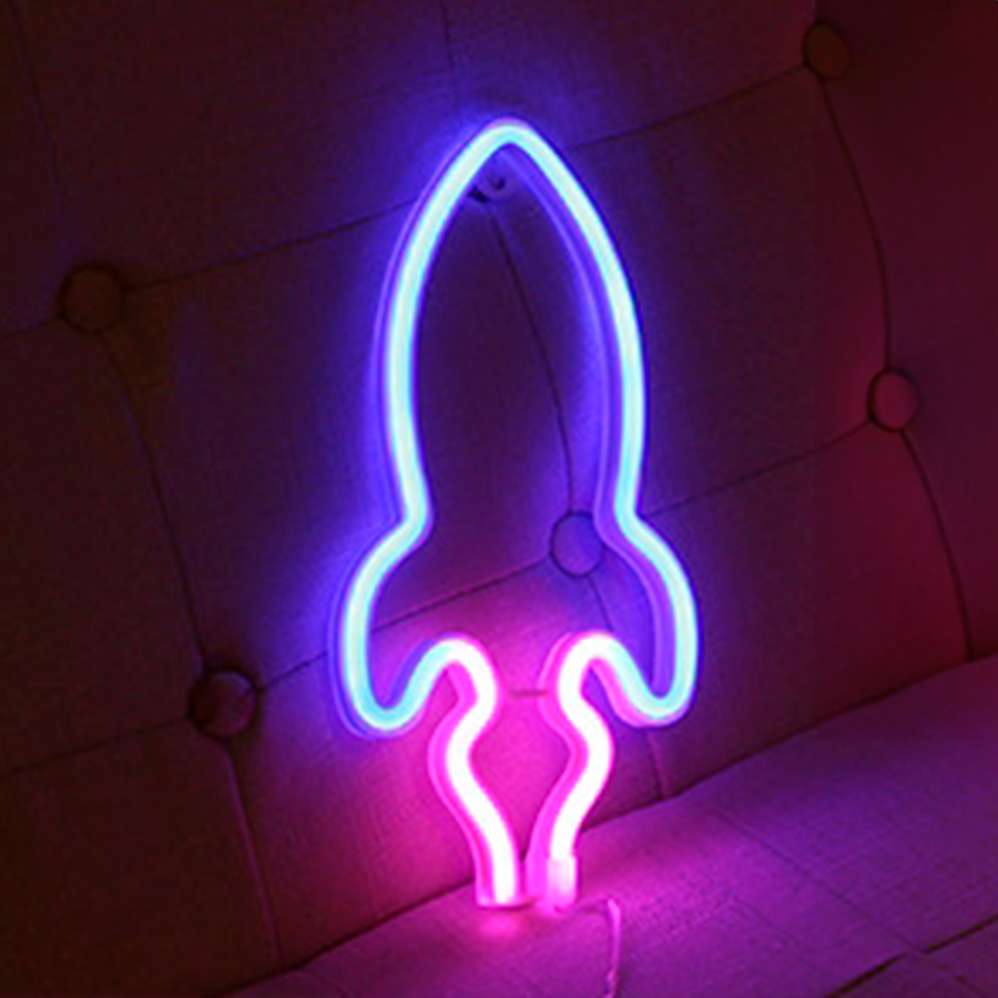 Rumraket Neon LED Lampe Blå Pink
